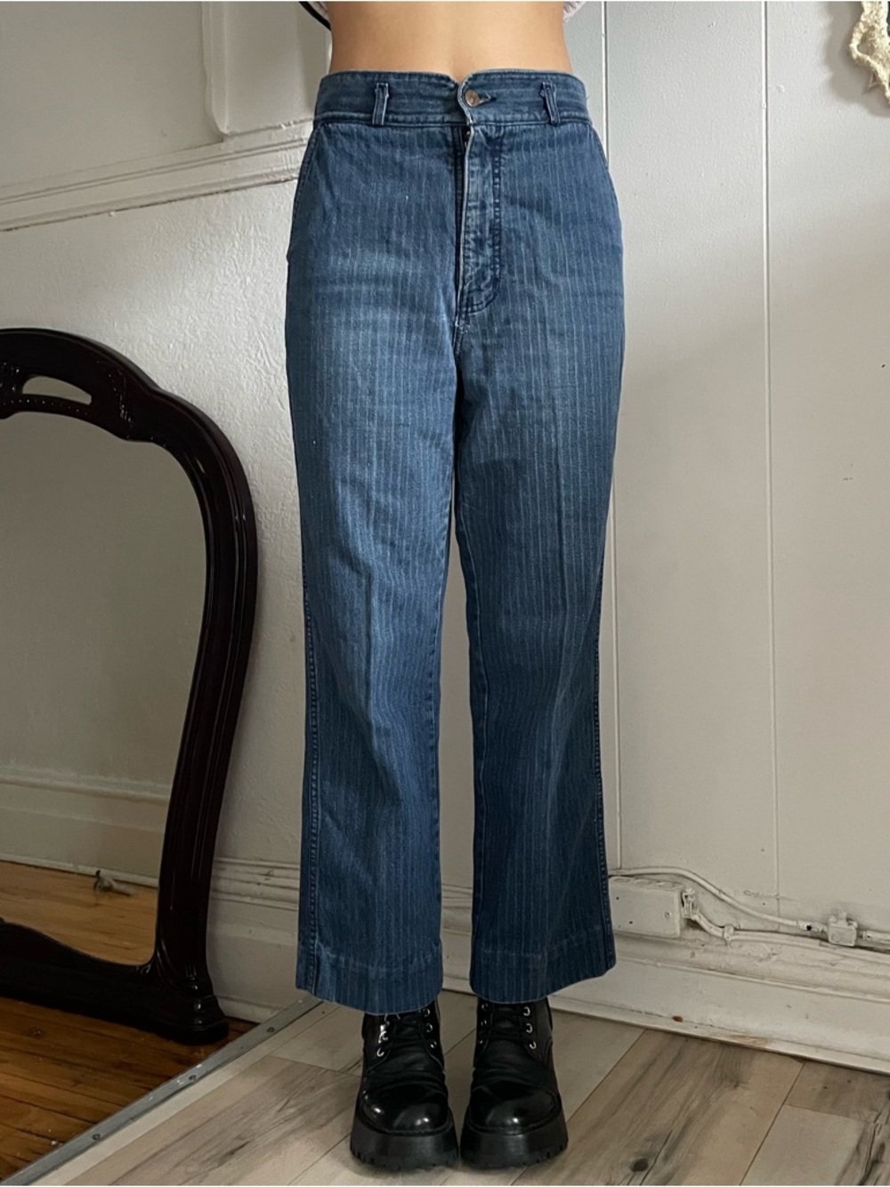 High-Waist Straight-Leg Pinstripe Jeans - Blue